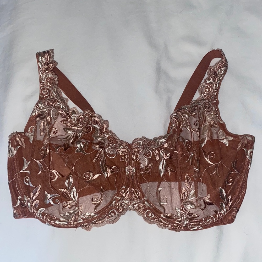 SOMA 40DDD gold and tan brown bra nude mesh
